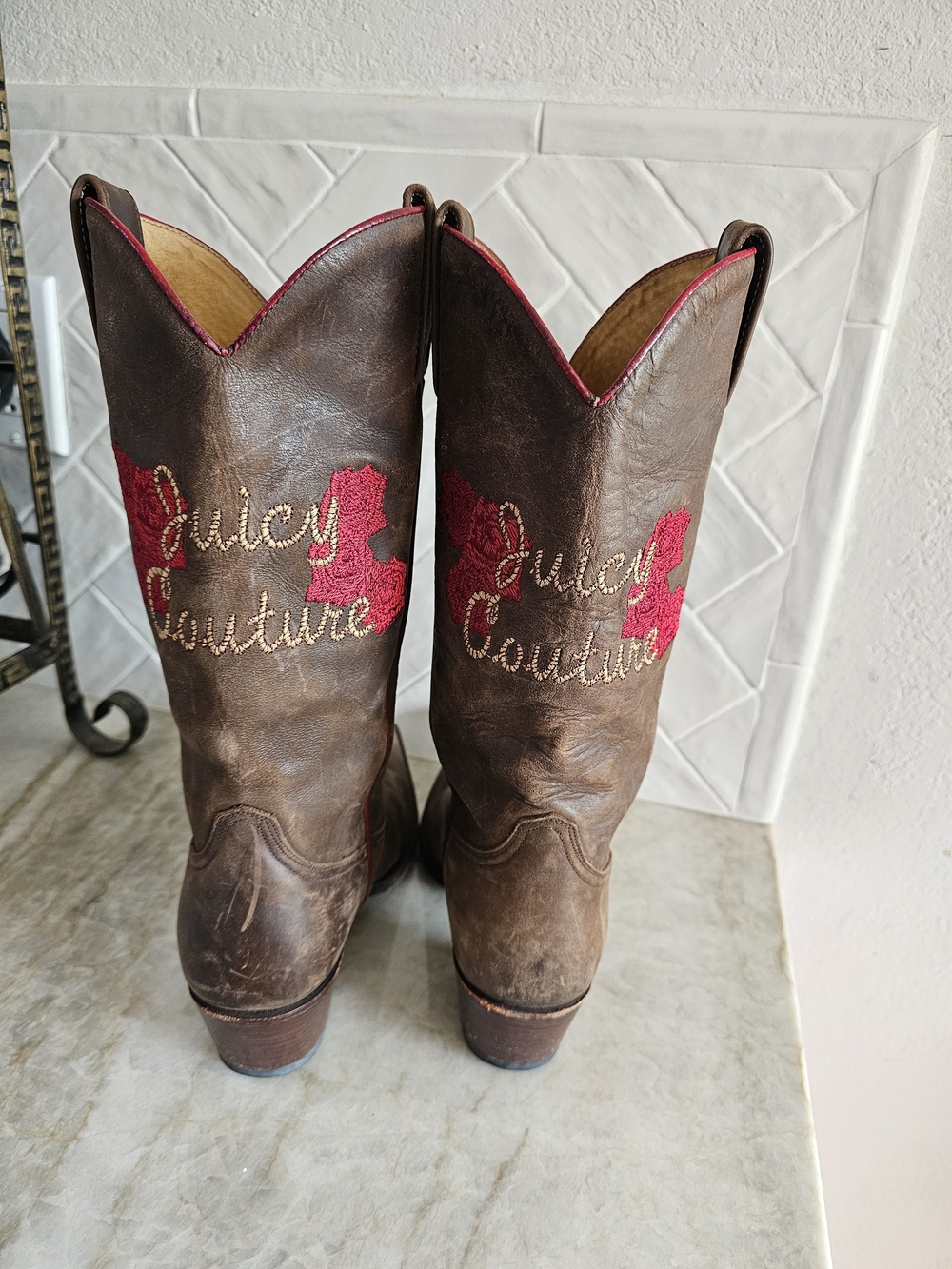 Juicy Couture Brown Leather Western Boots with Pink Embroidered Logo
